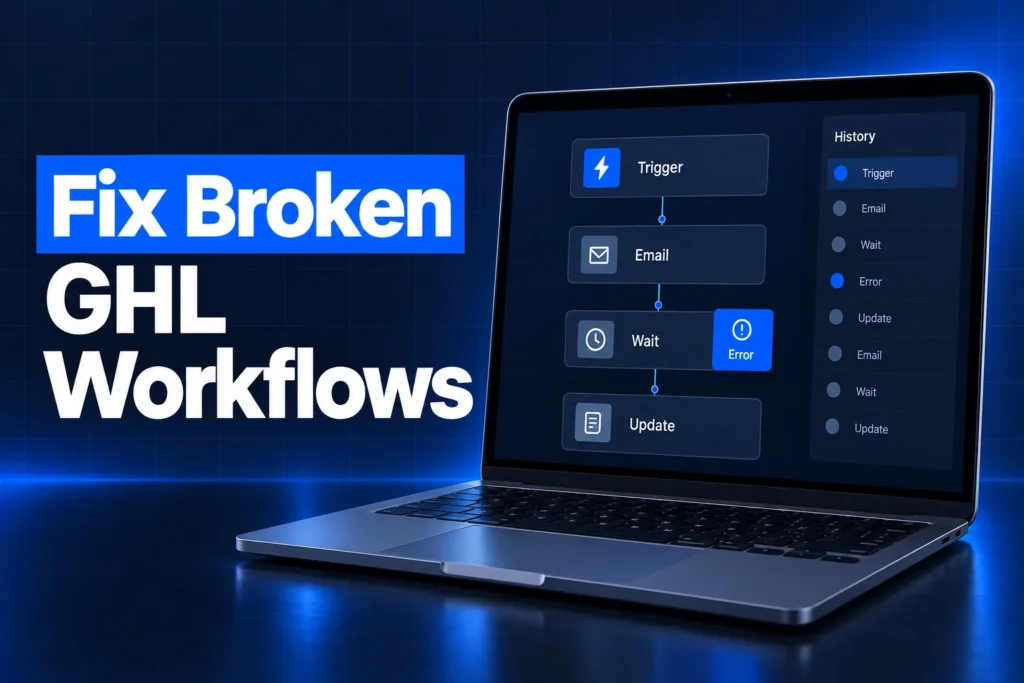 GoHighLevel workflow not working with an error flagged on a wait step and the workflow history panel