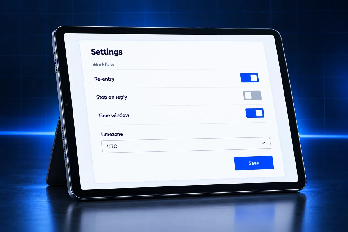 GoHighLevel workflow settings with re-entry, stop on response and time window options