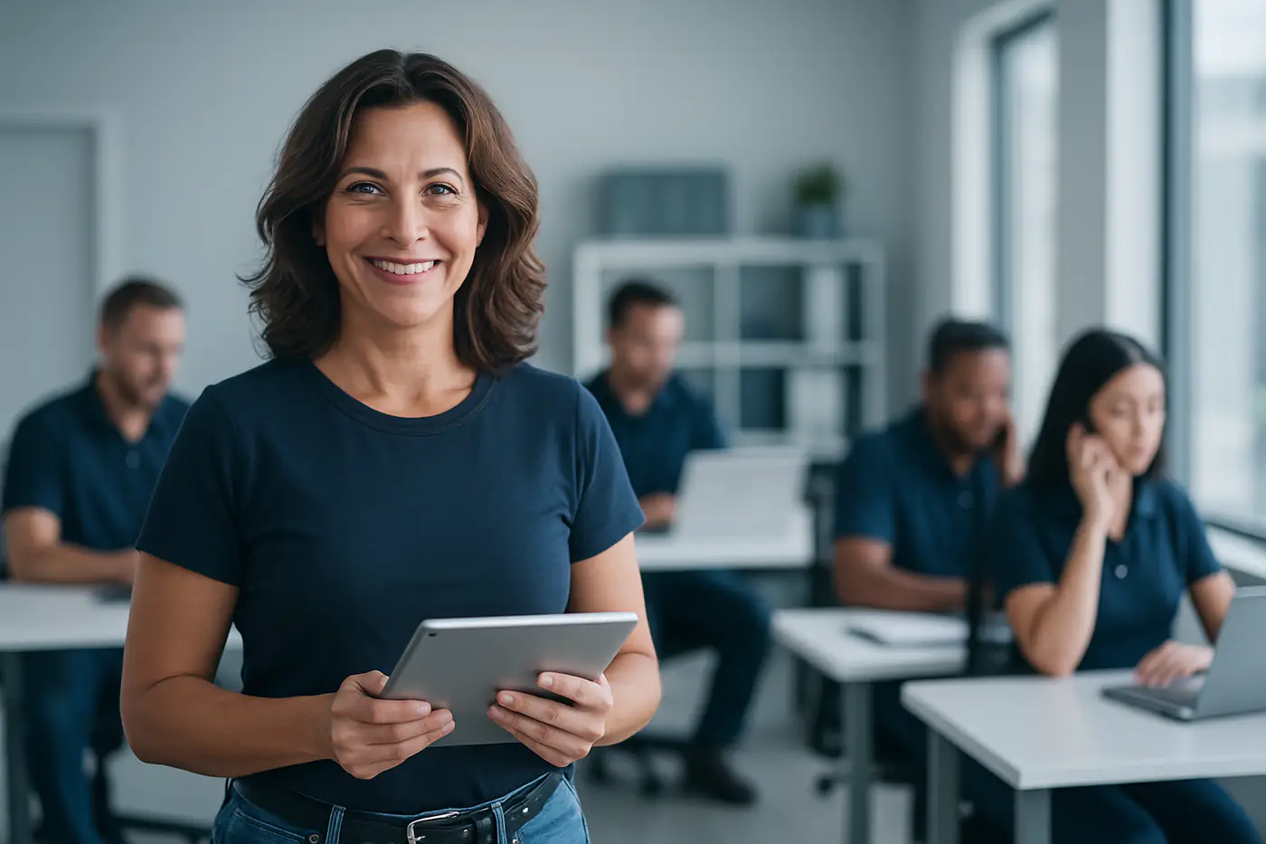 Small business owner with a tablet in her office, team working behind her