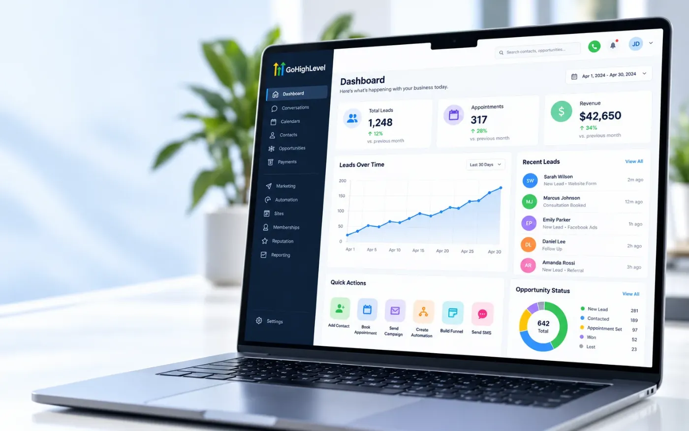 GoHighLevel CRM dashboard on a laptop