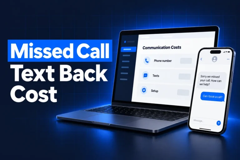 missed call text back cost: auto reply text on a phone next to a CRM cost breakdown