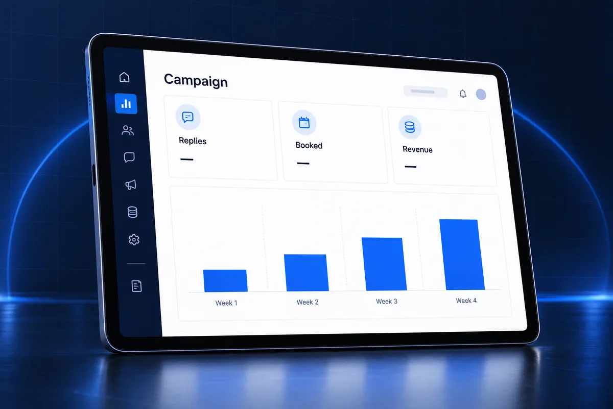 Win back campaign results dashboard with replies, bookings and revenue tiles